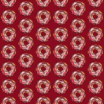 Seamless pattern of red donuts on a red background. Confectionery sweets top Stock Illustration