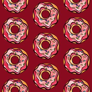 Seamless pattern of red donuts on a red background. Confectionery sweets top Stock Illustration