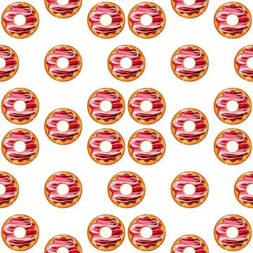Seamless pattern of red donuts on a white isolated background. Confectionery Stock Illustration