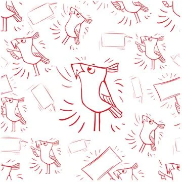 Seamless pattern red doodle bird with bubble icon communication Stock Illustration