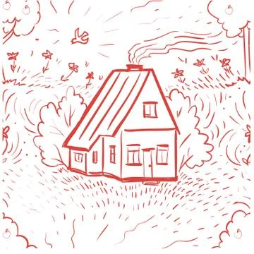 Seamless pattern red doodle cozy suburban house with bird Stock Illustration
