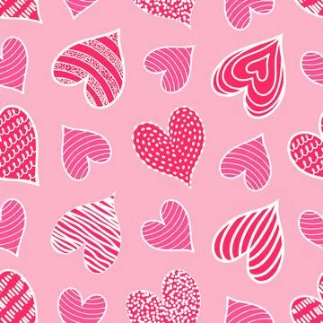 Seamless pattern with red doodle hearts  on pink background. Stock Illustration