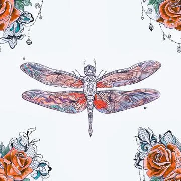 Seamless pattern of a red dragonfly and orange roses on a white background. Stock Illustration