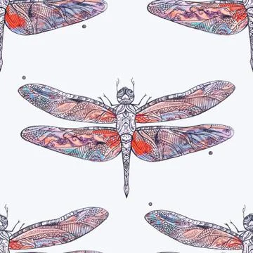 Seamless pattern of a red dragonfly on a white background. Stock Illustration