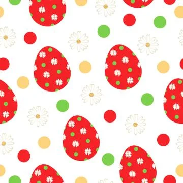Seamless pattern with red Easter eggs and daisy flowers Stock Illustration