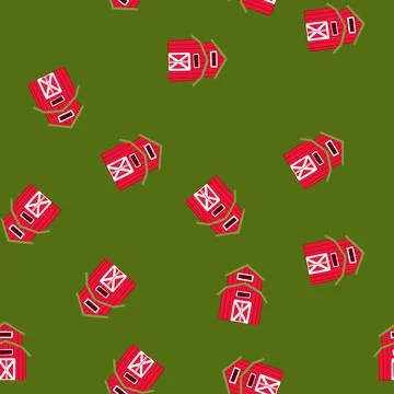 Seamless pattern red farm barn building with green roof Stock Illustration