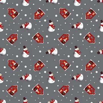Seamless pattern with red festive Christmas houses and snowman Stock Illustration