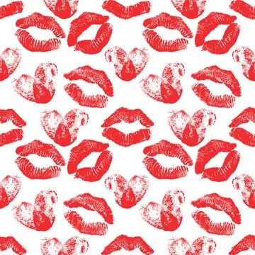 Seamless pattern of red fingerprint hearts and lipstick marks. Romantic Stock Illustration