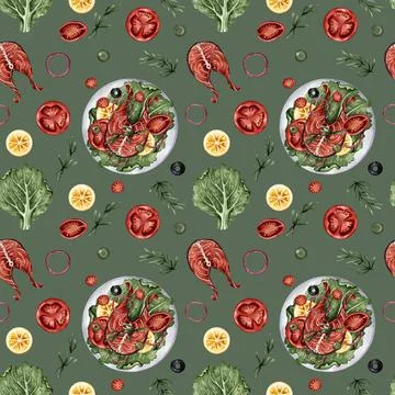 Seamless pattern with red fish and vegetables. Tomato, salad, onion, lemon. T Stock Illustration