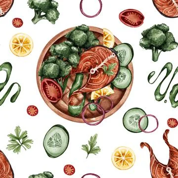 Seamless pattern with red fish and vegetables. Cucumber, broccoli, onion, lem Stock Illustration