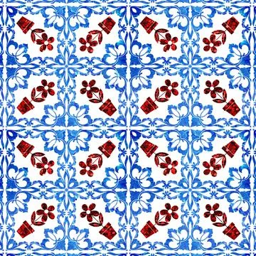 A seamless pattern of red flower pots inside blue decorative corner frames on 스톡 일러스트
