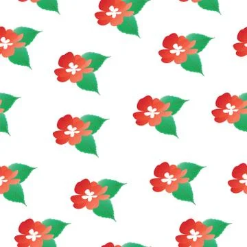 Seamless pattern with red flowers and green leaves vector - floral pattern Stock Illustration