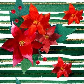Seamless pattern with red flowers Christmas poinsentias with green and gold Stock Illustration