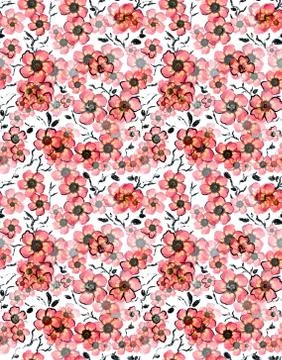 Seamless pattern with red flowers. Created with watercolor, digital brushes. 스톡 일러스트