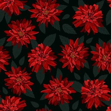 Seamless pattern of red flowers on a dark green background. Vector hand drawn Stock Illustration