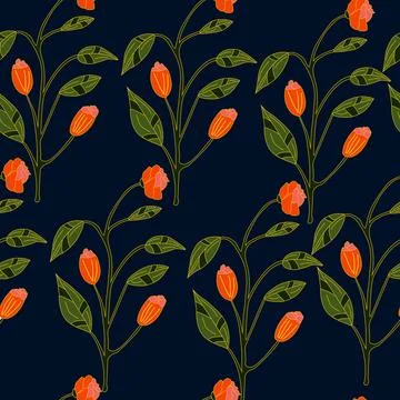 Seamless pattern with red flowers on dark blue background Stock Illustration