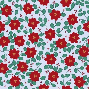 Seamless Pattern of Red Flowers with Green Leaves on Soft Pastel Background Stock Illustration