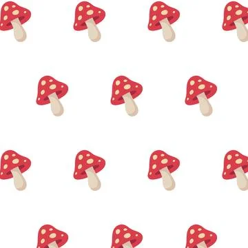Seamless pattern with red fly agaric mushrooms on white background, cute au.. Stock Illustration