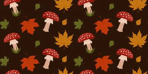 Seamless pattern with red fly agaric mushrooms and autumn leaves on dark back Ilustración de archivo