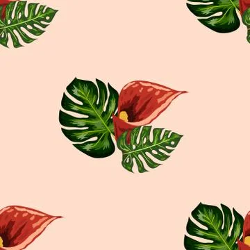 Seamless pattern with red forest Wild Calla flowers and leaves. for wallpaper Stockillustratie