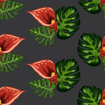 Seamless pattern with red forest Wild Calla flowers and leaves. for wallpaper Illustrazione stock