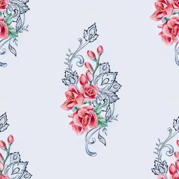 Seamless pattern of red freesia on a white background. 스톡 일러스트