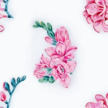 Seamless pattern of red freesia on a white background. Stock Illustration