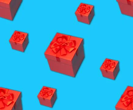 Seamless pattern of red gift box with ribbon on a blue surface Stock Photos