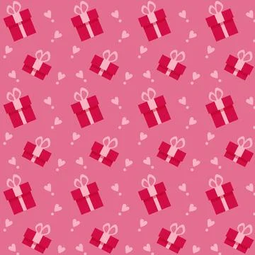 Seamless pattern with red gift boxes and pink hearts on pink background. Vector Stock Illustration