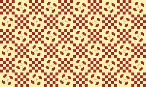 Seamless pattern with red ginkgo leaves and checkered squares on a yellow backgr 스톡 일러스트
