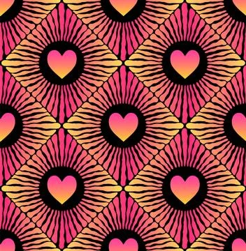 Seamless pattern with red gradient hearts and gradients rays in black backg.. Stock Illustration