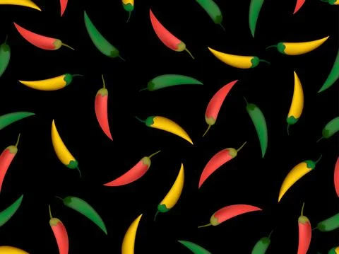 Seamless pattern with red, green and yellow chili peppers on black background Stockillustratie