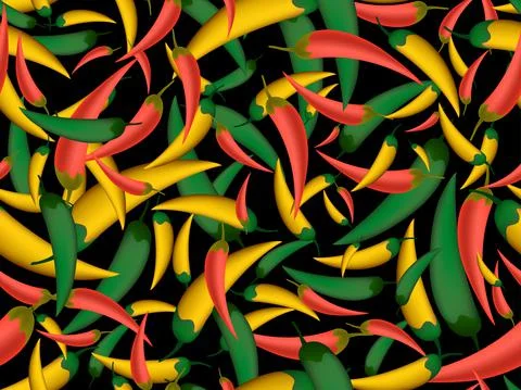 Seamless pattern with red, green and yellow chili peppers on black background 库存插图