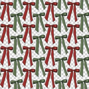 Seamless pattern with red, green bows, ribbons on transparent  background Stock Illustration