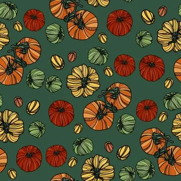 Seamless pattern with red, green, yellow and orange tomatoes. Stock Illustration