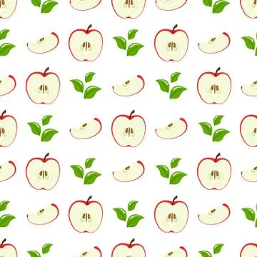 Seamless pattern with red half slice apples and leaves on white background. O Stock Illustration