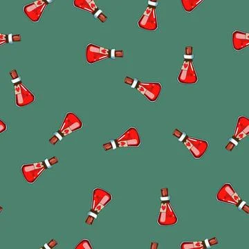 Seamless pattern Red health potion bottle with heart tag Stock Illustration