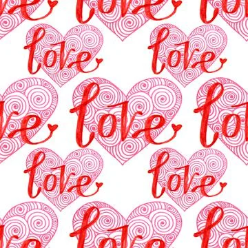 Seamless pattern red heart with lettering word love on white background. Hand Stock Illustration