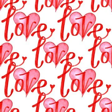 Seamless pattern red heart with lettering word love on white. Hand drawn marker Stock Illustration