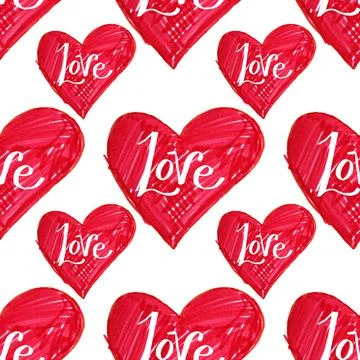 Seamless pattern red heart with lettering word love on white background. Hand Illustrazione stock