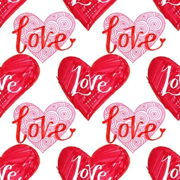Seamless pattern red heart with lettering word love on white background. Hand Stock Illustration