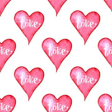 Seamless pattern red heart with lettering word love on white. Hand drawn marker Stock Illustration