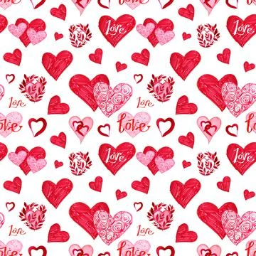 Seamless pattern red heart with lettering word love on white background. Hand Stock Illustration