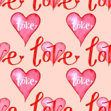 Seamless pattern red heart with lettering word love on pink. Hand-drawn Stock Illustration