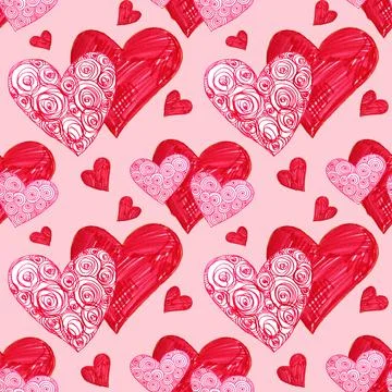 Seamless pattern red heart on pink. Hand-drawn marker naive art. Ornate swirl Stock Illustration