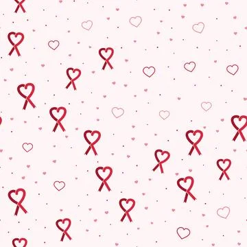 Seamless pattern with red heart-shaped awareness ribbons, outline hearts and Stock Illustration