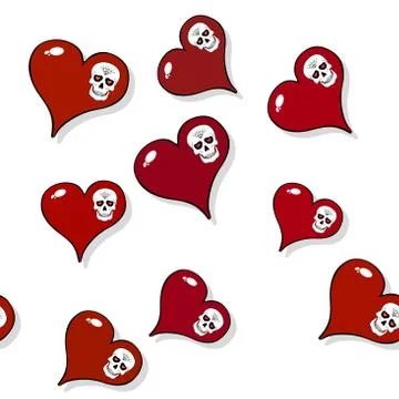Seamless pattern with red hearts and skulls on white Stock Illustration