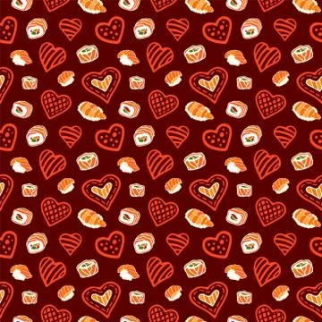 Seamless pattern with red hearts and japanese food Stock Illustration