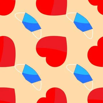 Seamless pattern of red hearts and blue medical masks in flat style. Stock Illustration