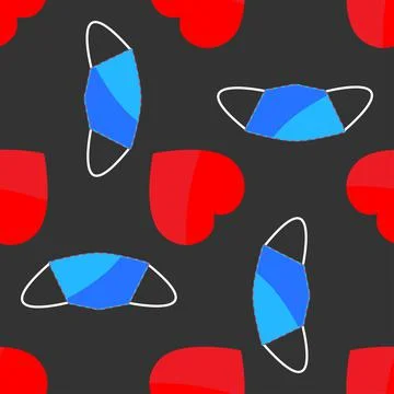 Seamless pattern of red hearts and blue medical masks in flat style. Stock Illustration